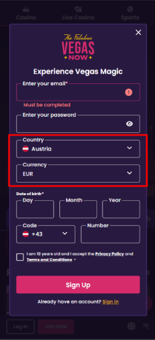 Ország és pénznem kiválasztása