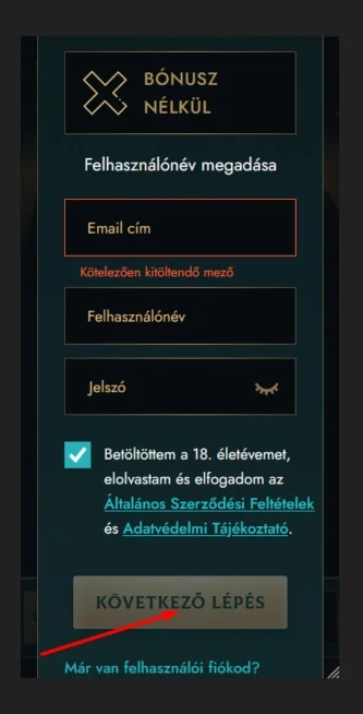 Belépési adatok megadás
