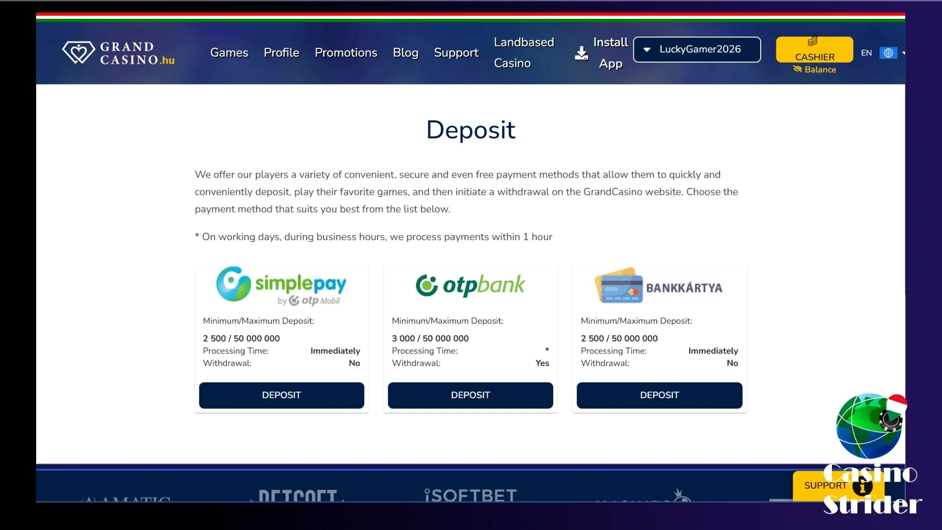 Grand Kaszinó befizetési és kifizetési módok